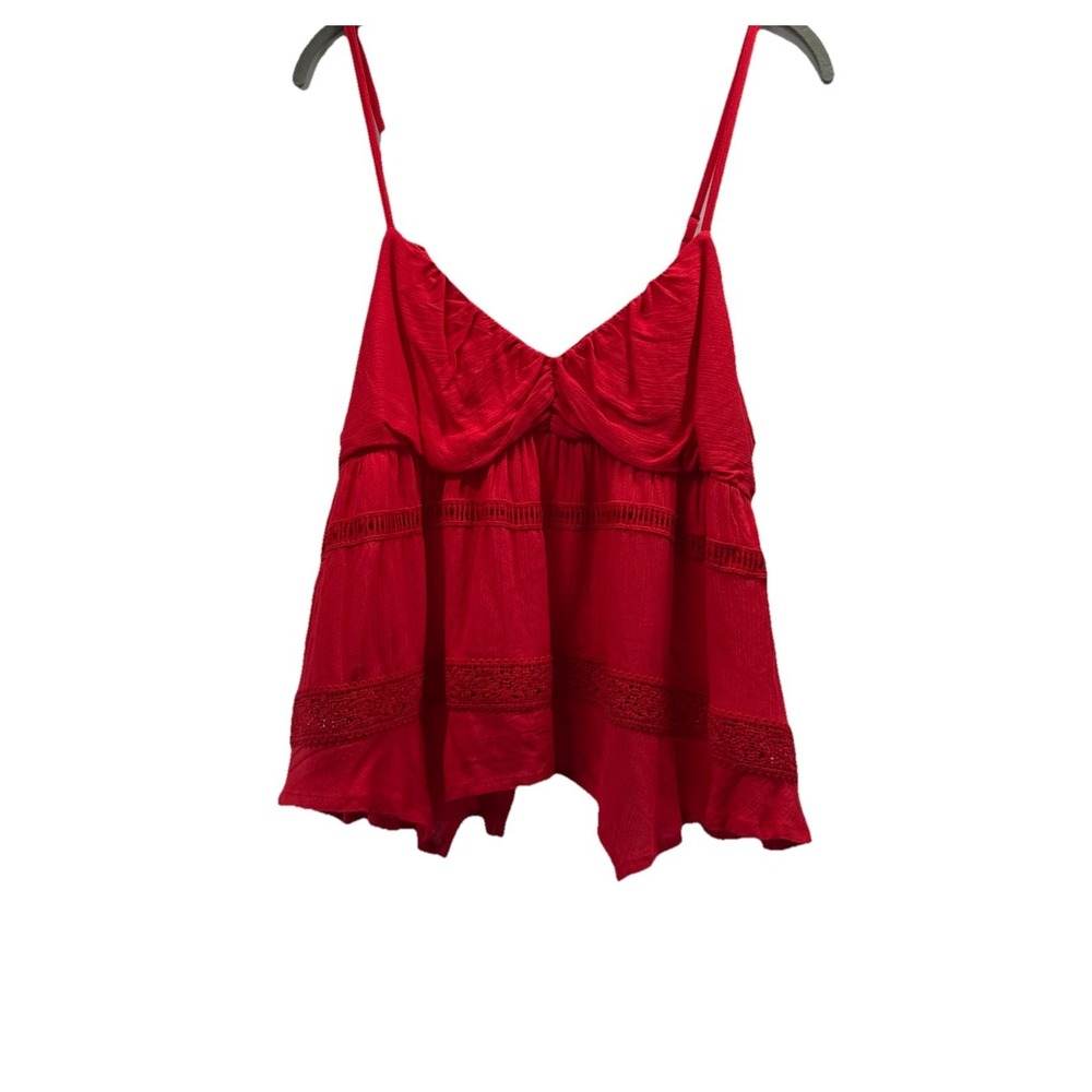 Women's Babydoll Top Size‎ XXL Solid Red Asymmetrical Y2K Sheer Crochet Strappy